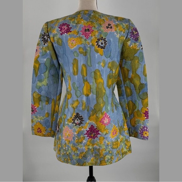 Mary McFadden Couture Silk Quilted Floral Jacket w/ Glass Bead Buttons – Size 10 - Picture 3 of 16